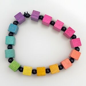 Vintage 90s Y2K Rainbow Wood Cube Bead Stretch Bracelet Multicolor Block Beads